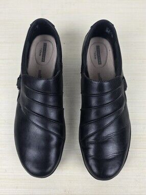 Clarks Collection Women's Size 10 M Black Leather Slip-On Shoes Cushion Wedge